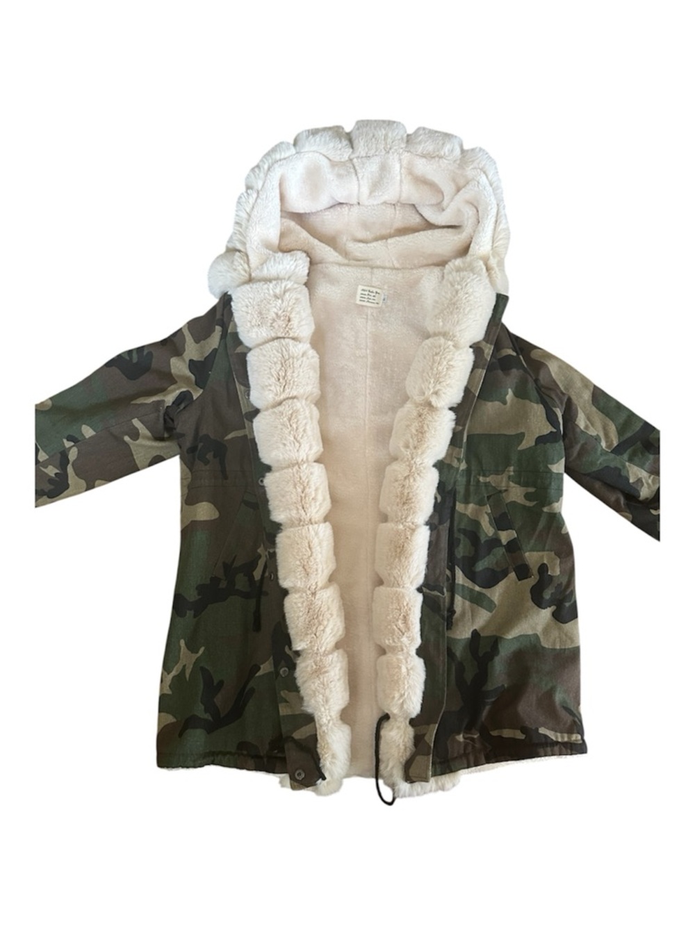 Camo Faux Fur Lined Hooded Parka Jacket XL Plush Sherpa Lining Army Green Coat - Picture 4 of 7